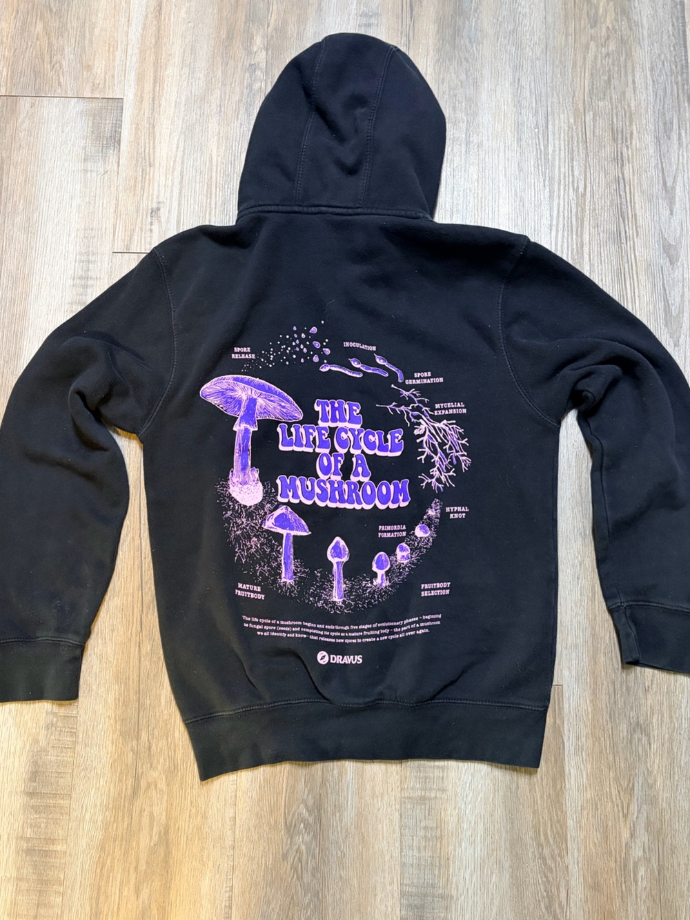 Black Zip-Up Hoodie with Purple Mushroom Graphic Size S